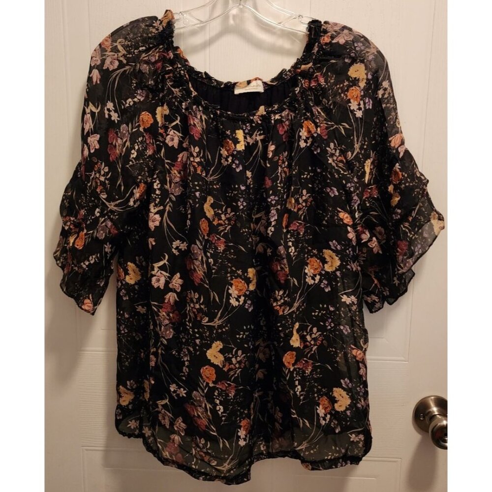 BELLAMBIA Italy Women's S/S Flowy Blouse Top Silk Blend Black Floral Size Small